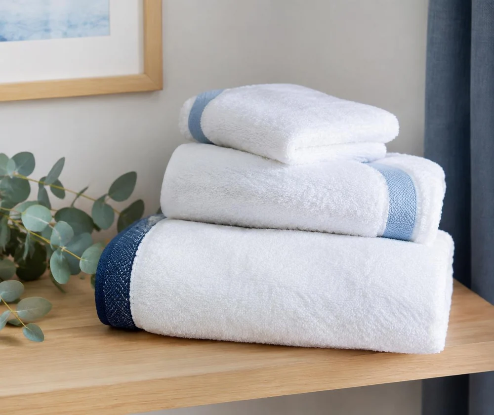 Soft white towels with blue trim, freshly folded on a wooden shelf