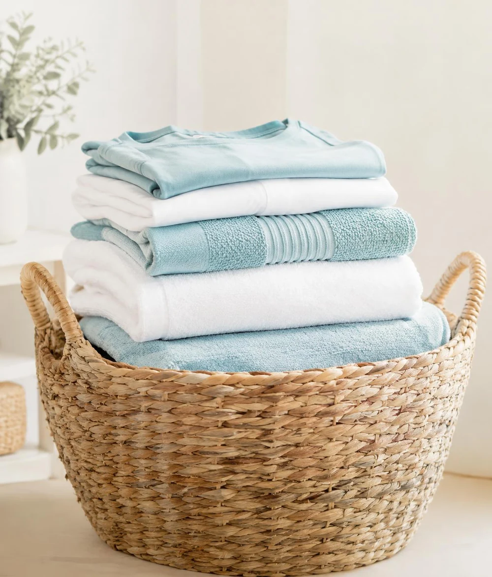 Freshly folded clothes and soft aqua towels in a woven laundry basket